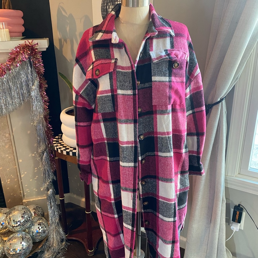 Plaid Pink and Black Button-Up Coat